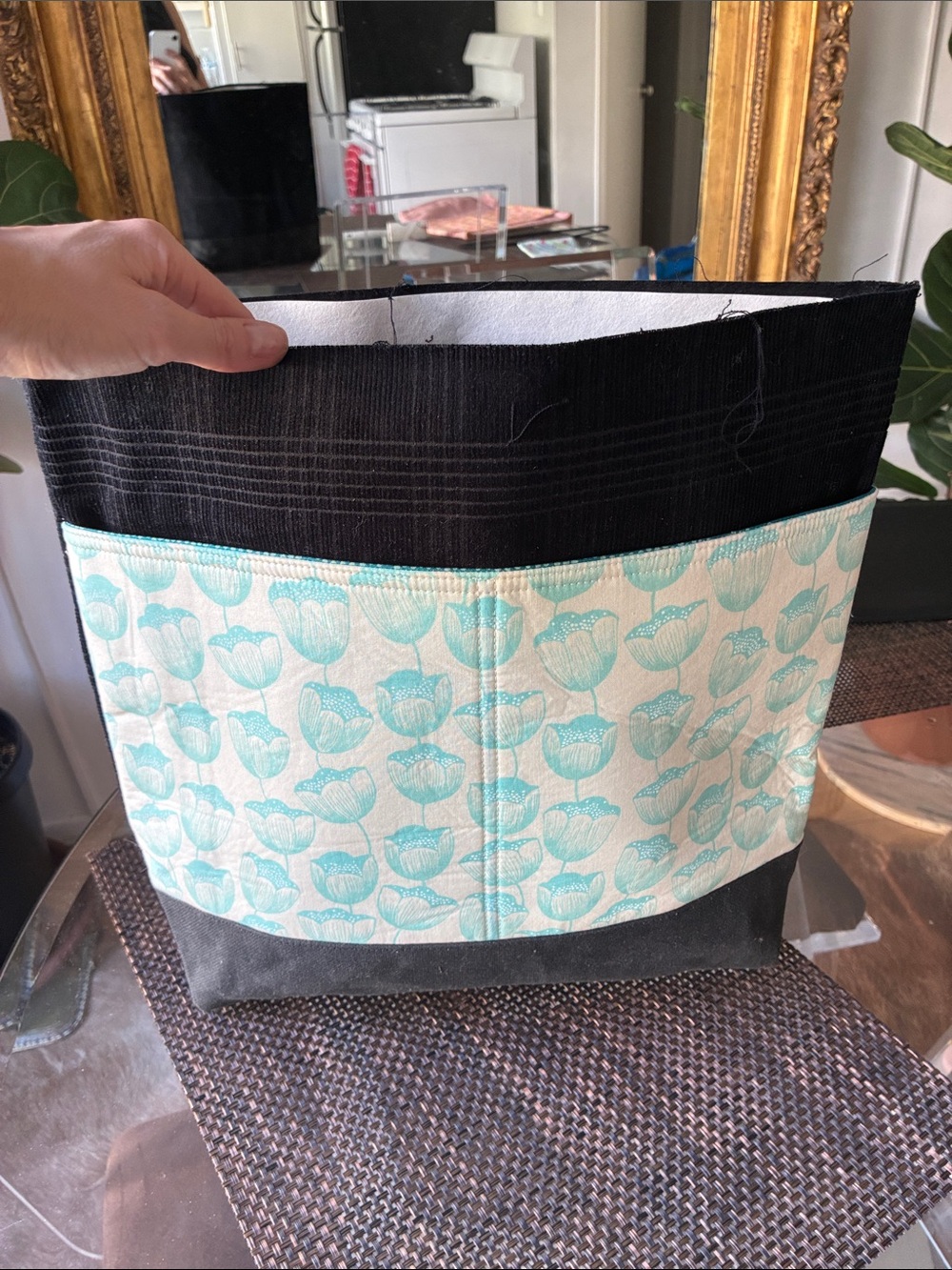 Handmade Black and Aqua Floral Tote Bag 15x15 inches